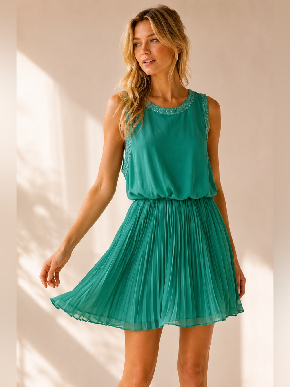 Green Pleated Mini Dress Beaded Sleeveless Medium